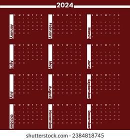 2024 Calendar template design. Week starts on Sunday  calendar. Desktop planner in simple clean style. Corporate or business calendar. English vector calendar layout.