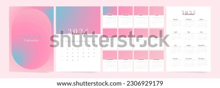 2024 Calendar template design. Week starts on Sunday pink office calendar for businesswoman. Aesthetic Gradient Design. Desktop planner in Modern Fashion Minimal Style. English vector calendar layout.