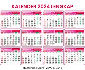 2024 Calendar Template, Desk calendar template. Pink calendar, complete calendar with Hijri date, Indonesian svg