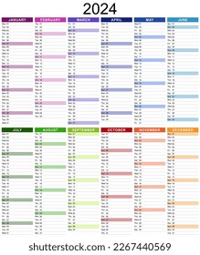 2024 calendar template for diary, organizer or planner with English texts