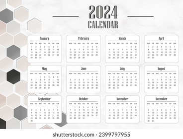 2024 calendar template with marble granite and polygons. Gray, rose and white colors. Landscape orientation. Vector illustration.
