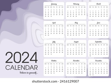 2024 calendar template with paper cut shapes. Delicate purple and lilac colors. Landscape orientation. Vector illustration.