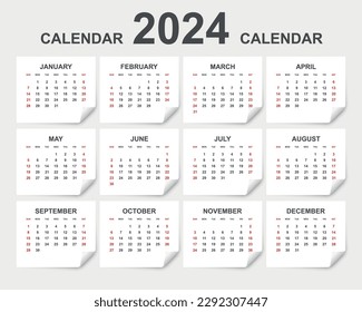 2024 calendar template. Paper stickers curl corner with shadow vector illustration.