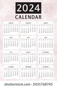 2024 calendar template with pink marble. Abstract texture. Portrait orientation. Vector illustration.
