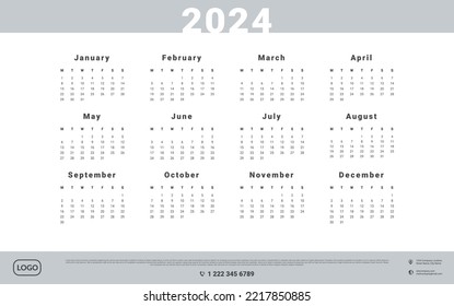 2024 Calendar Template with Place for Company contacts and Logo. Vector layout of a wall or desk simple calendar with week start monday.