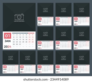 2024 Calendar template, planner, 12 pages, week starts on Monday, vector eps10 illustration