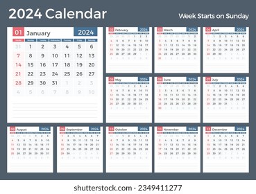 Plantilla de calendario 2024, planificador, 12 páginas, semana comienza el domingo, vector eps10 ilustración