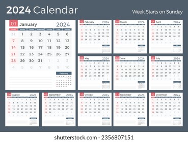 Plantilla de calendario 2024, planificador, 12 páginas, semana comienza el domingo, vector eps10 ilustración