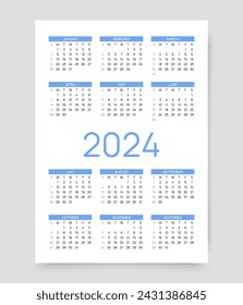 Kalender 2024. Schablone für Taschen- oder Wandkalander. Die Woche beginnt am Sonntag. Jahresraster mit 12 Monaten. Organizer-Layout im einfachen Design. Schreibtischplaner. Porträtorientierung, Englisch. Vektorgrafik