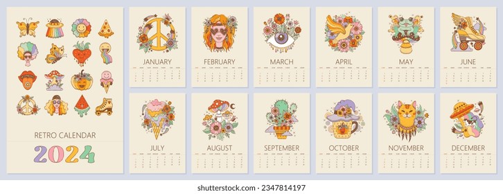 plantilla de calendario 2024. Arte retro, groovy estilo psicodélico. Páginas de meses con boceto de niña hippie, ojo ácido, gato, setas, cactus, símbolo de paz. Diseño de calendario hippie en pared, la semana comienza el domingo