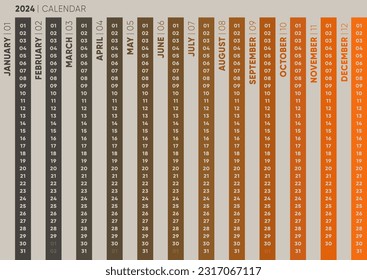 2024 Calendar Template Sunday Start. Planner Calendar for 2024 Template in Technology Modern Brutal Design. One Page Cool layout.