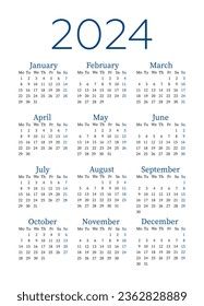 2024 Calendar Template Vector in English, Simple Minimal Design, 2024 Planner