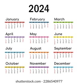 2024 calendar template vector, simple minimal design, 2024 planner, 2024 wall calendar, Week starts on sunday. Advertising, printing, stationery, organizational office