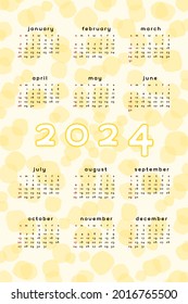 2024 calendar template. Vertical format yellow abstract background with hand drawn spot blob blot. Calendar design for print and digital. Week starts on Sunday