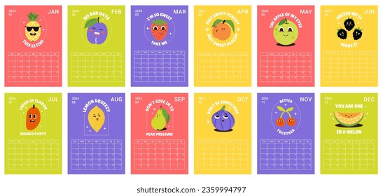 2024 Calendar template with vertical pages design funky characters with slogan. Weeks starts on Sunday. Motivation positive A5 planner on year. Vector illustration