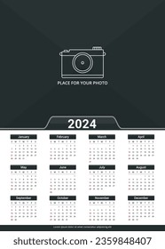 Plantilla de calendario 2024, la semana comienza el domingo, a3 size, place for your photo, vector eps10 ilustración