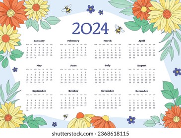 Kalendervorlage 2024 Kalenderjahr 2024. Vektorgrafik. Die Woche beginnt am Montag. Vorlage für den Jahreskalender 2024. Kalenderdesign. Vorlage für 2024 Jahre