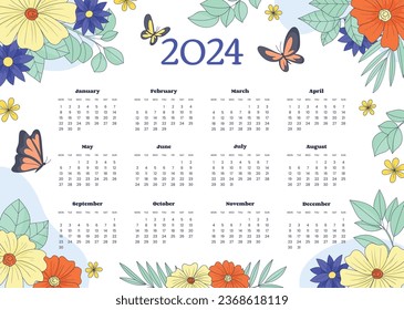Kalendervorlage 2024 Kalenderjahr 2024. Vektorgrafik. Die Woche beginnt am Montag. Vorlage für den Jahreskalender 2024. Kalenderdesign. Vorlage für 2024 Jahre
