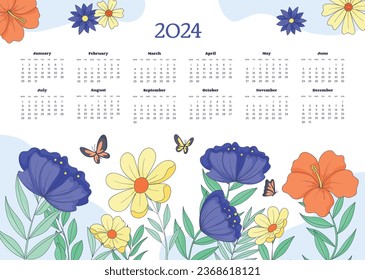 2024 Calendar template. 2024 Calendar year. vector illustration. The week starts on Monday. Annual calendar 2024 template. Calendar design. 2024 year template design.