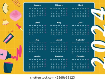 2024 Calendar template. 2024 Calendar year. vector illustration. The week starts on Monday. Annual calendar 2024 template. Calendar design. 2024 year template design.