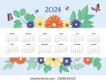 2024 Calendar template. 2024 Calendar year. vector illustration. The week starts on Monday. Annual calendar 2024 template. Calendar design. 2024 year template design.