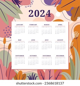 2024 Calendar template. 2024 Calendar year. vector illustration. The week starts on Monday. Annual calendar 2024 template. Calendar design. 2024 year template design.