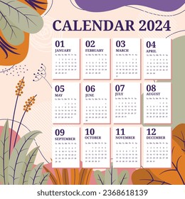 2024 Calendar template. 2024 Calendar year. vector illustration. The week starts on Monday. Annual calendar 2024 template. Calendar design. 2024 year template design.