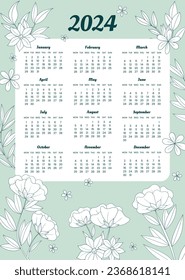 2024 Calendar template. 2024 Calendar year. vector illustration. The week starts on Monday. Annual calendar 2024 template. Calendar design. 2024 year template design.