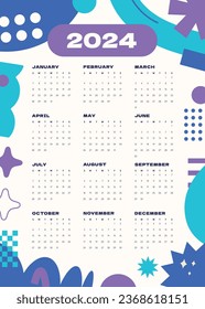 2024 Calendar template. 2024 Calendar year. vector illustration. The week starts on Monday. Annual calendar 2024 template. Calendar design. 2024 year template design.