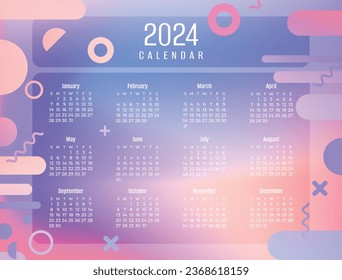 2024 Calendar template. 2024 Calendar year. vector illustration. The week starts on Monday. Annual calendar 2024 template. Calendar design. 2024 year template design.