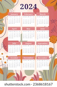 2024 Calendar template. 2024 Calendar year. vector illustration. The week starts on Monday. Annual calendar 2024 template. Calendar design. 2024 year template design.
