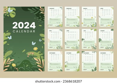 2024 Calendar template. 2024 Calendar year. vector illustration. The week starts on Monday. Annual calendar 2024 template. Calendar design. 2024 year template design.