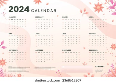 2024 Calendar template. 2024 Calendar year. vector illustration. The week starts on Monday. Annual calendar 2024 template. Calendar design. 2024 year template design.