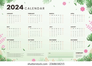 2024 Calendar template. 2024 Calendar year. vector illustration. The week starts on Monday. Annual calendar 2024 template. Calendar design. 2024 year template design.