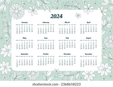 2024 Calendar template. 2024 Calendar year. vector illustration. The week starts on Monday. Annual calendar 2024 template. Calendar design. 2024 year template design.
