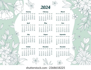 2024 Calendar template. 2024 Calendar year. vector illustration. The week starts on Monday. Annual calendar 2024 template. Calendar design. 2024 year template design.