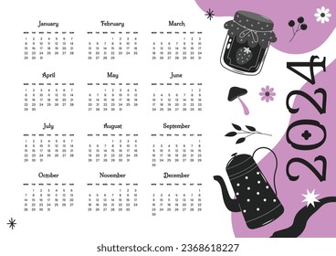2024 Calendar template. 2024 Calendar year. vector illustration. The week starts on Monday. Annual calendar 2024 template. Calendar design. 2024 year template design.