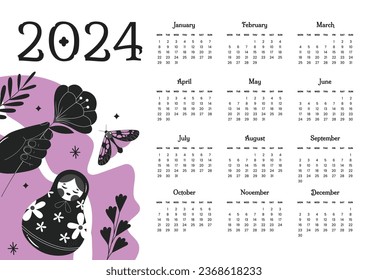 Plantilla de calendario 2024. 2024 Año civil. ilustración vectorial. La semana comienza el lunes. Plantilla de calendario anual 2024. Diseño de calendario. Diseño de plantillas de 2024 años.