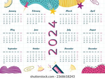 2024 Calendar template. 2024 Calendar year. vector illustration. The week starts on Monday. Annual calendar 2024 template. Calendar design. 2024 year template design.