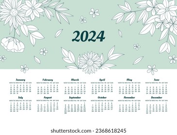 2024 Calendar template. 2024 Calendar year. vector illustration. The week starts on Monday. Annual calendar 2024 template. Calendar design. 2024 year template design.