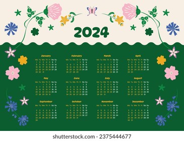 2024 Calendar template. 2024 Calendar year. vector illustration. The week starts on Monday. Annual calendar 2024 template. Calendar design. 2024 year template design.