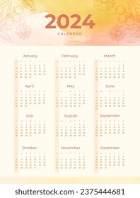 2024 Calendar template. 2024 Calendar year. vector illustration. The week starts on Monday. Annual calendar 2024 template. Calendar design. 2024 year template design.