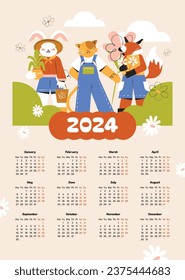 2024 Calendar template. 2024 Calendar year. vector illustration. The week starts on Monday. Annual calendar 2024 template. Calendar design. 2024 year template design.