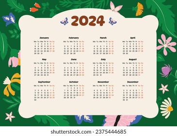 2024 Calendar template. 2024 Calendar year. vector illustration. The week starts on Monday. Annual calendar 2024 template. Calendar design. 2024 year template design.