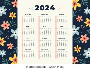 2024 Calendar template. 2024 Calendar year. vector illustration. The week starts on Monday. Annual calendar 2024 template. Calendar design. 2024 year template design.