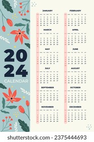 2024 Calendar template. 2024 Calendar year. vector illustration. The week starts on Monday. Annual calendar 2024 template. Calendar design. 2024 year template design.