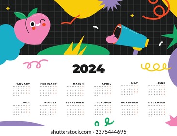 2024 Calendar template. 2024 Calendar year. vector illustration. The week starts on Monday. Annual calendar 2024 template. Calendar design. 2024 year template design.