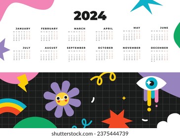 2024 Calendar template. 2024 Calendar year. vector illustration. The week starts on Monday. Annual calendar 2024 template. Calendar design. 2024 year template design.