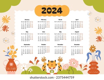 2024 Calendar template. 2024 Calendar year. vector illustration. The week starts on Monday. Annual calendar 2024 template. Calendar design. 2024 year template design.