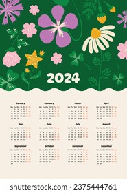 2024 Calendar template. 2024 Calendar year. vector illustration. The week starts on Monday. Annual calendar 2024 template. Calendar design. 2024 year template design.
